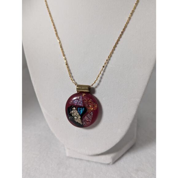 Wine color fused glass pendant and  23"GP chain.Bail is brass Artisan/Handmade - Picture 7 of 7